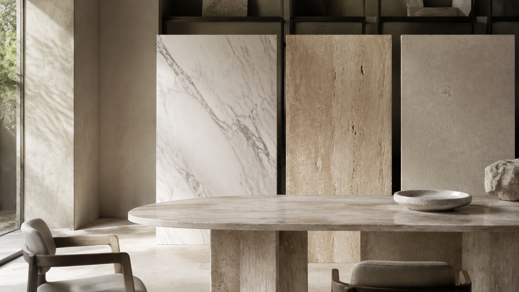 Trois pierres naturelles : marbre blanc, travertin et calcaire