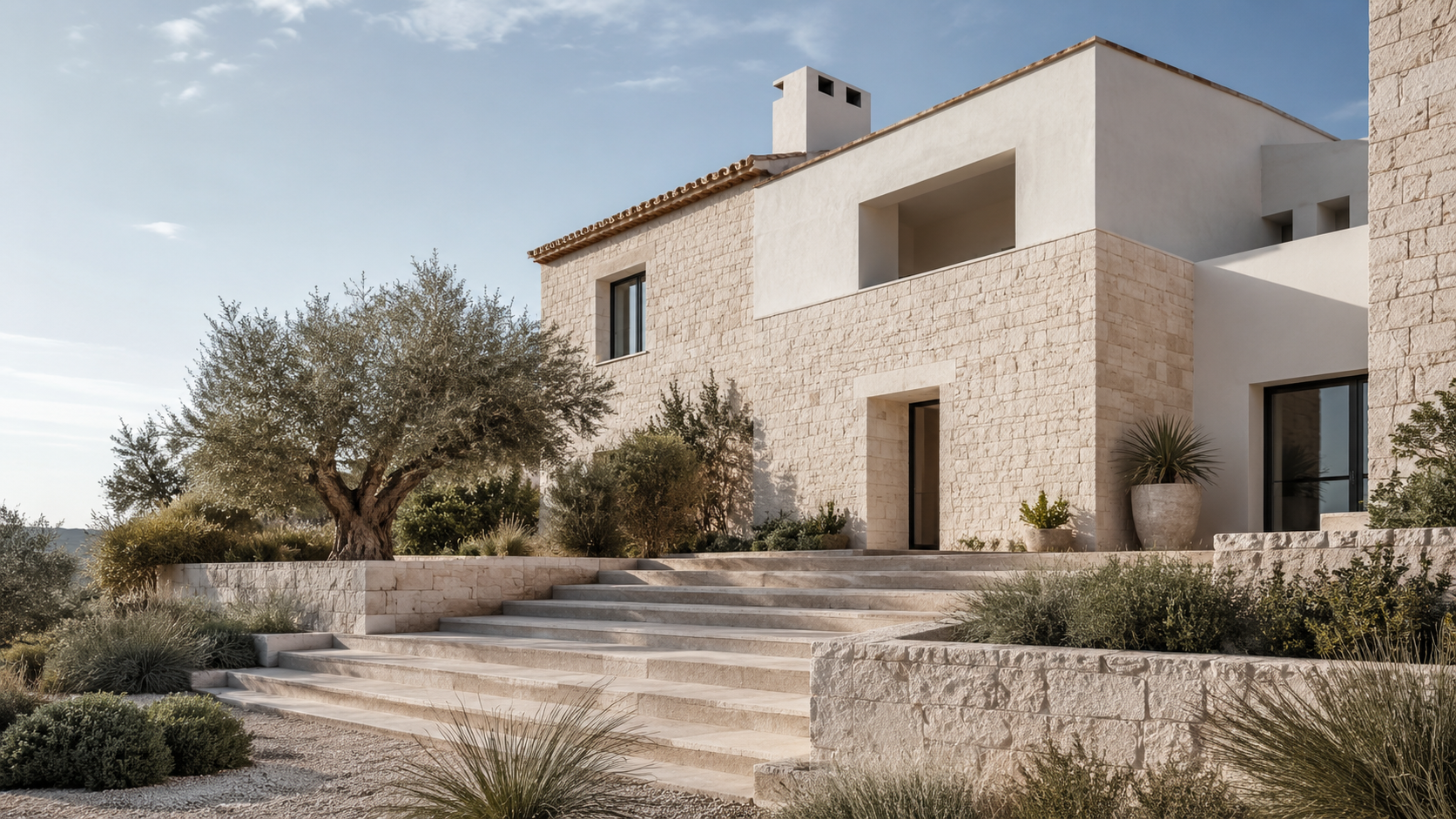 Façade et escalier d'une maison contemporaine en pierre naturelle