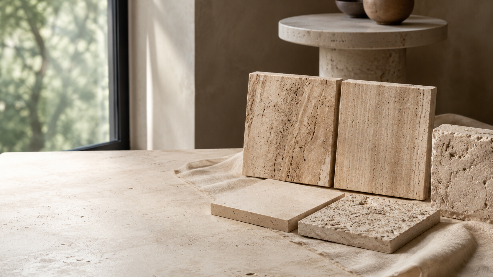 Échantillons de travertin beige montrant pores et sens de coupe
