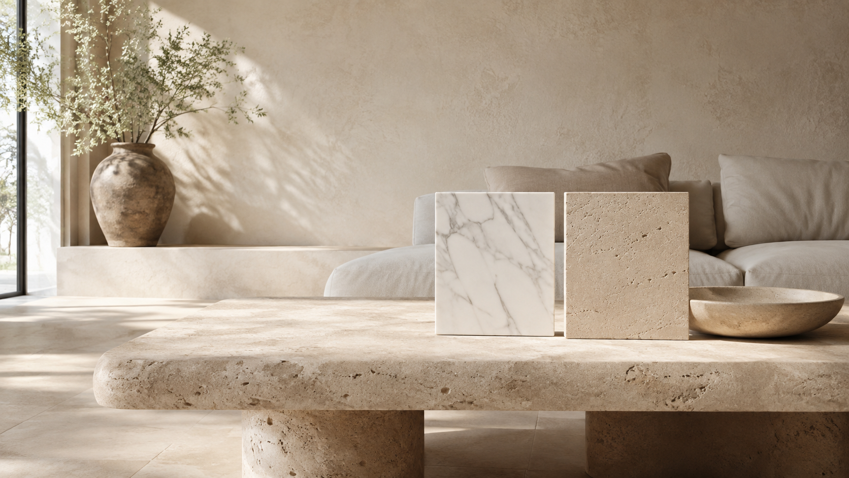 Échantillons de marbre blanc, travertin et pierre naturelle dans une composition lumineuse
