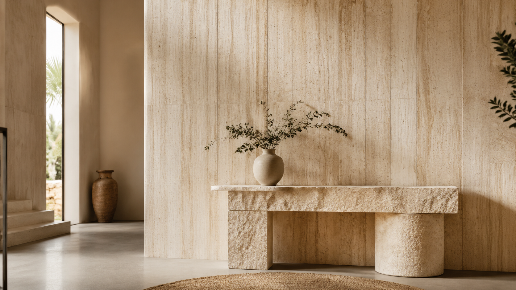 Séjour contemporain avec un mur en pierre naturelle beige