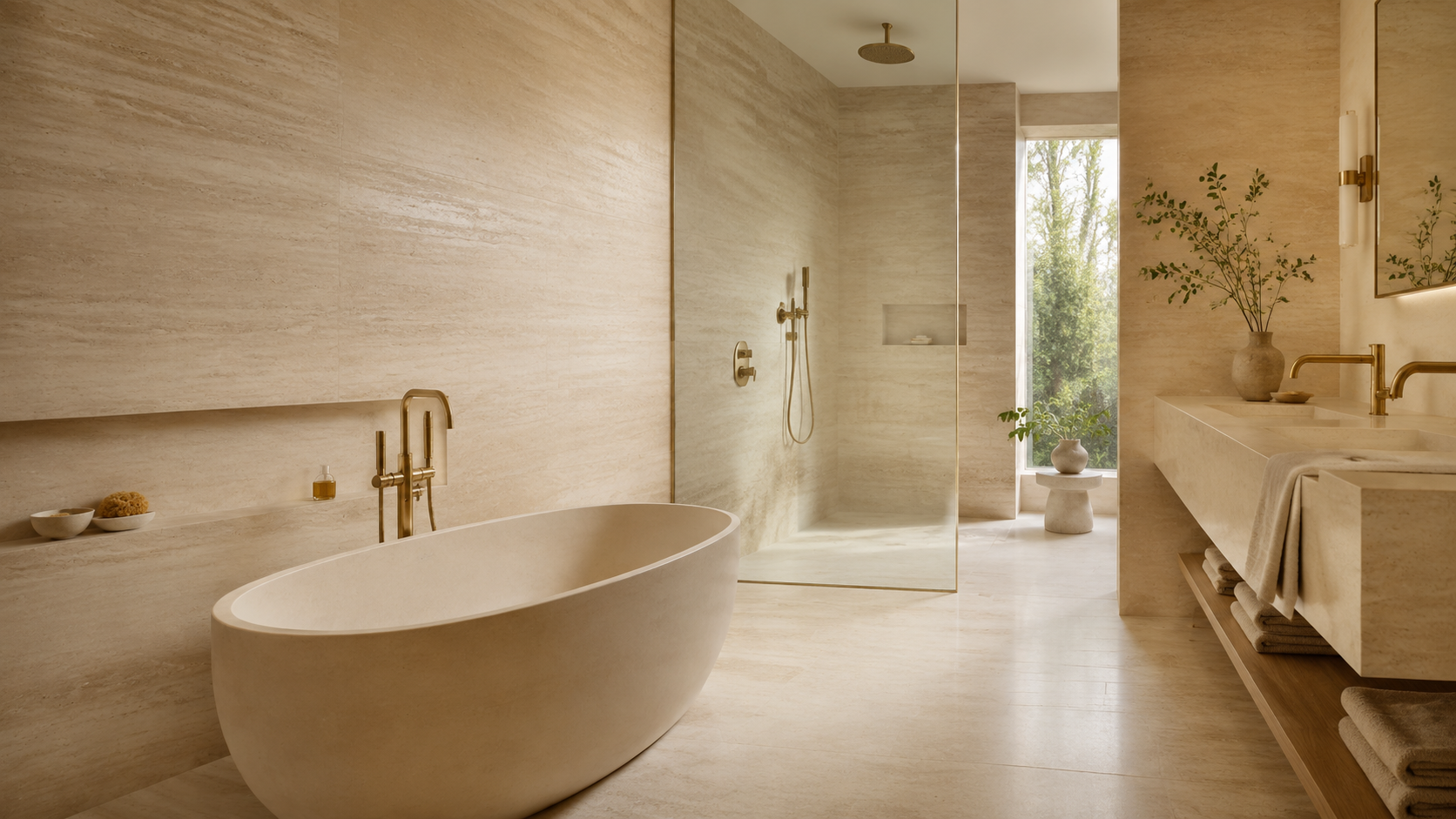 Salle de bain contemporaine en pierre naturelle beige