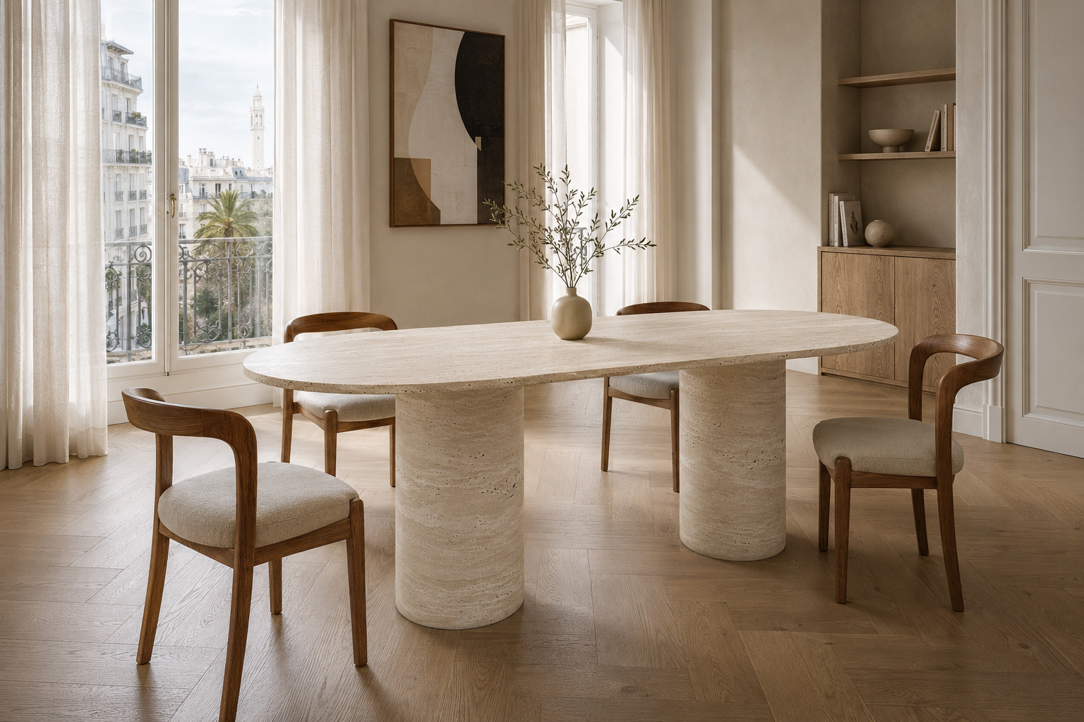 Table en travertin dans une salle à manger